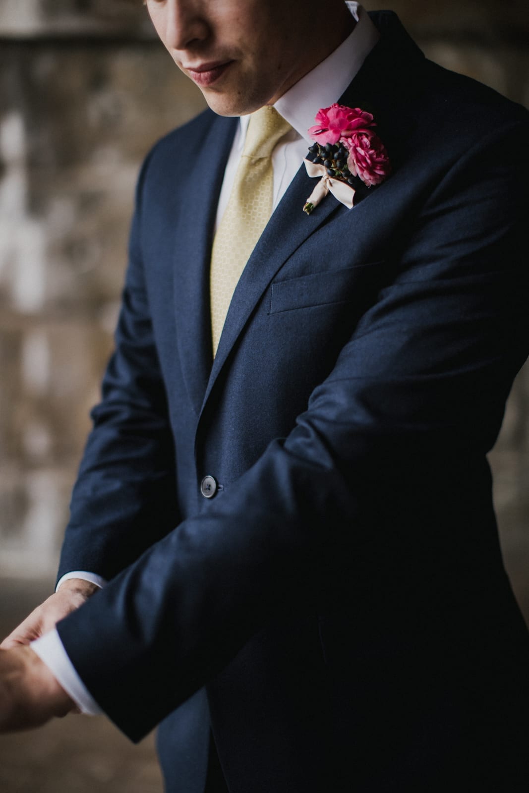 up close of grooms suit coat and tie at The Monastery Wedding - Cincinnati Wedding Photographer