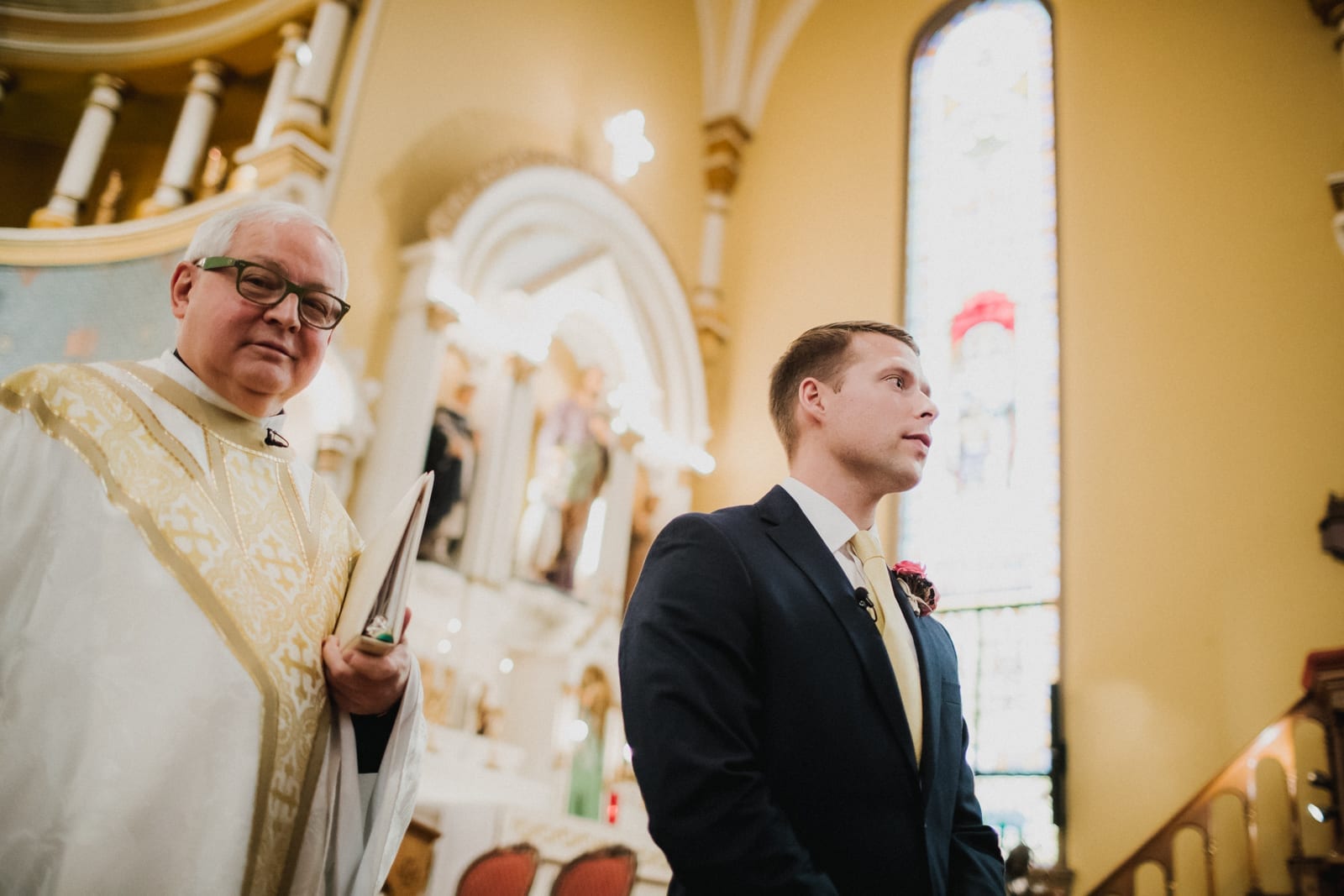 groom waits on bride to walk down the aisle at The Monastery Wedding - Cincinnati Wedding Photographer