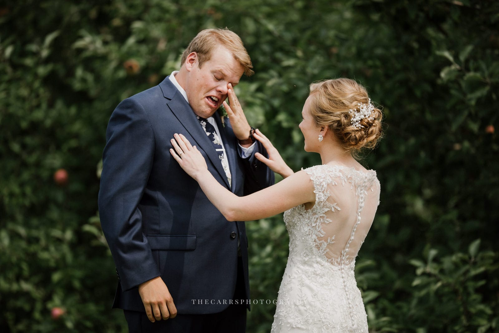 bride and groom first look at Eckers Apple Farm Wedding - Destination Photographer