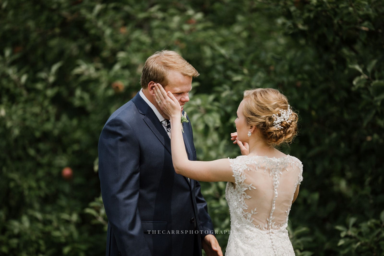 bride and groom first look at Eckers Apple Farm Wedding - Destination Photographer