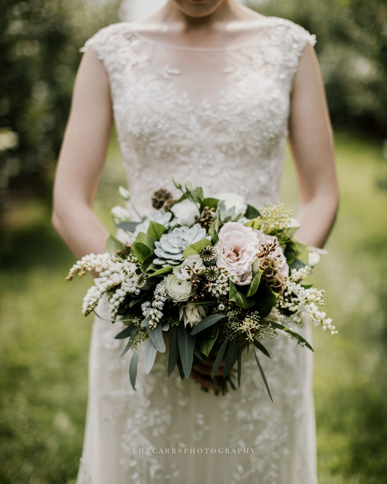 bride holding bouquet at Eckers Apple Farm Wedding - Destination Photographer