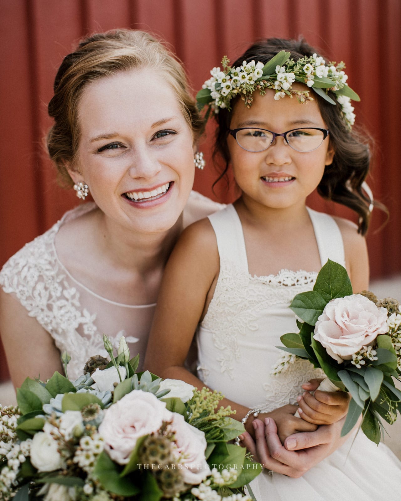 bride with flower girl at Eckers Apple Farm Wedding - Destination Photographer