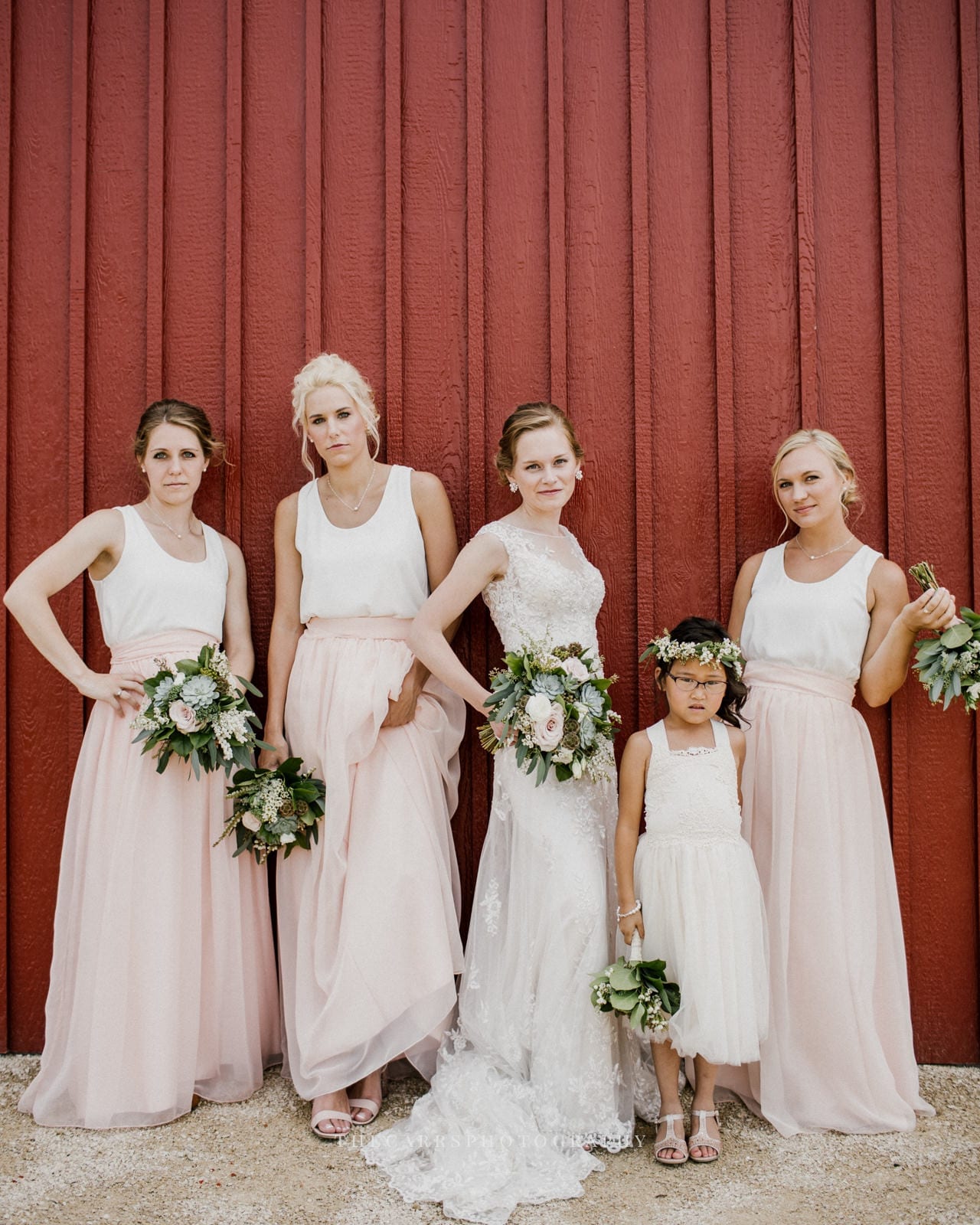 bride with bridesmaids and flower girl at Eckers Apple Farm Wedding - Destination Photographer