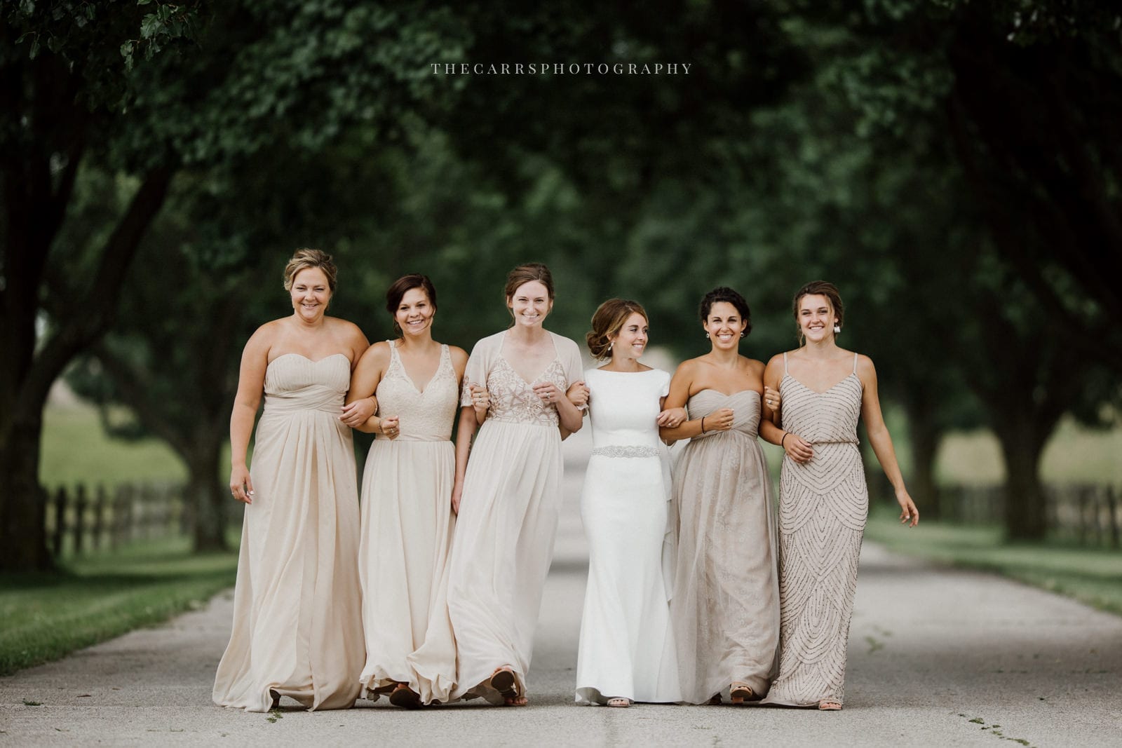 bride and bridesmaids walking at lake house wedding - Akron Ohio Wedding Photographer