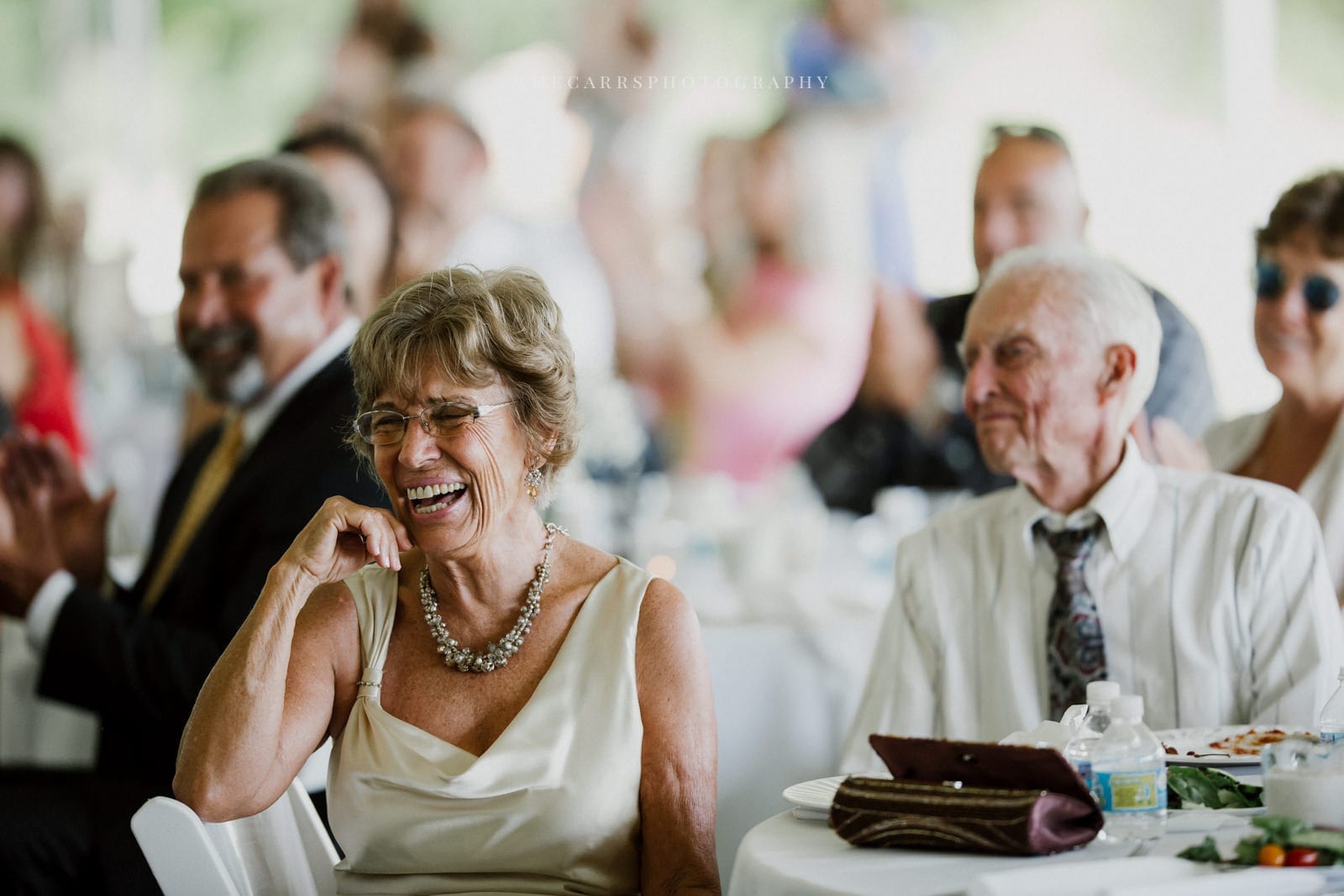 guests laughing at lake house wedding - Akron Ohio Wedding Photographer