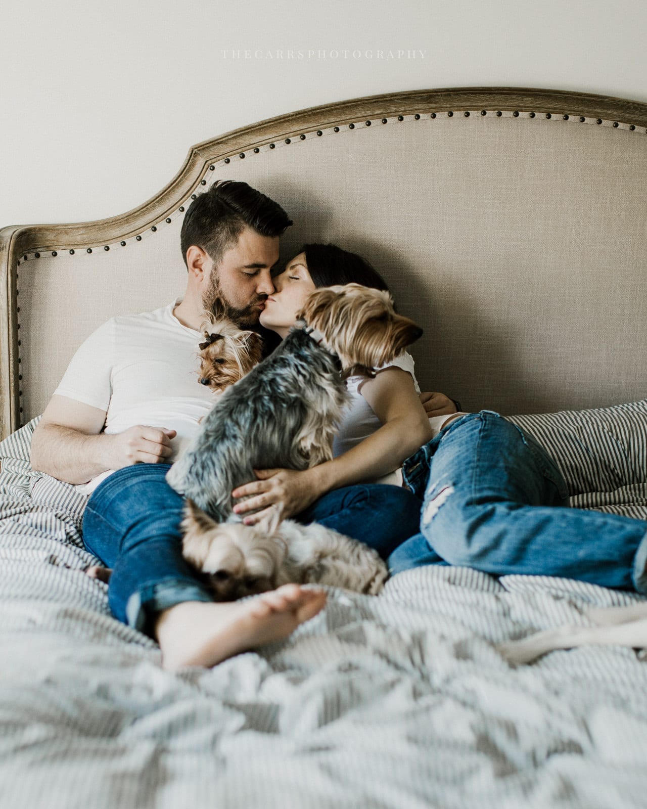 husband and wife kiss in bed dogs lay at the foot of bed - dayton ohio maternity photographer