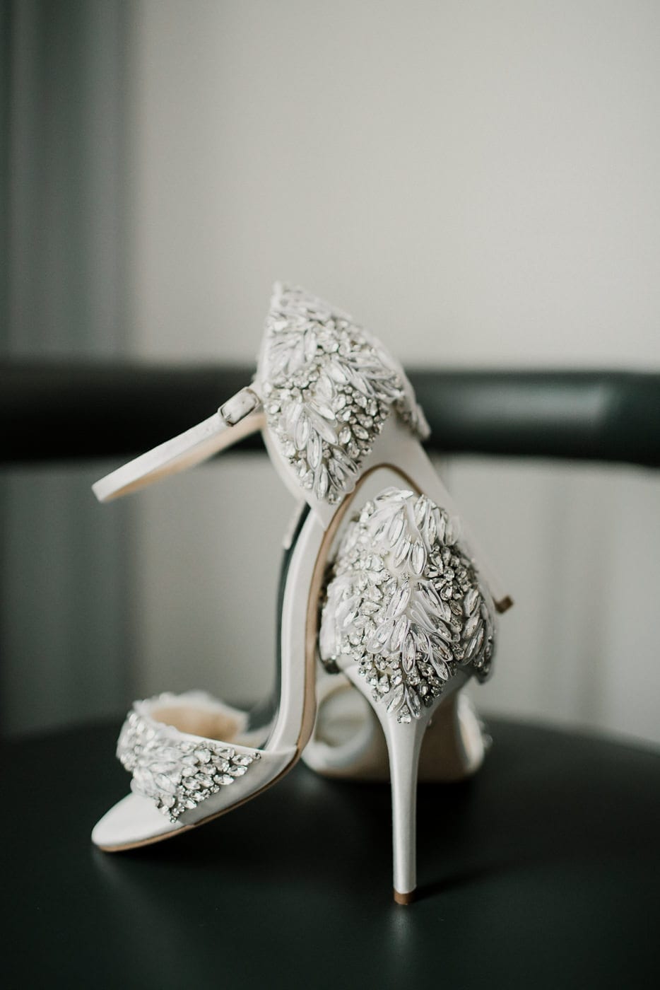 detail shot of brides shoes with jewels at Juniper Rooftop Wedding