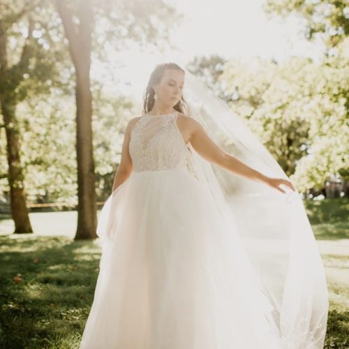 bride holding out veil in sunshine by Dayton Ohio Photographer Kera Estep