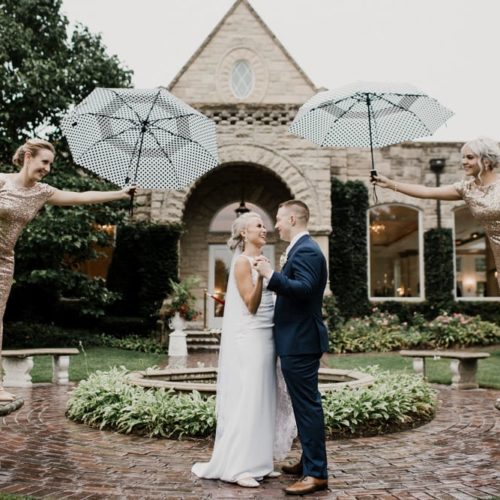 bride and groom dancing while bridesmaids hold up umbrella by Dayton Ohio Photographer Kera Estep