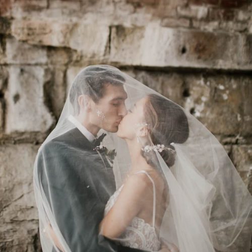 bride and groom kissing under veil by Dayton Ohio Photographer Kera Estep