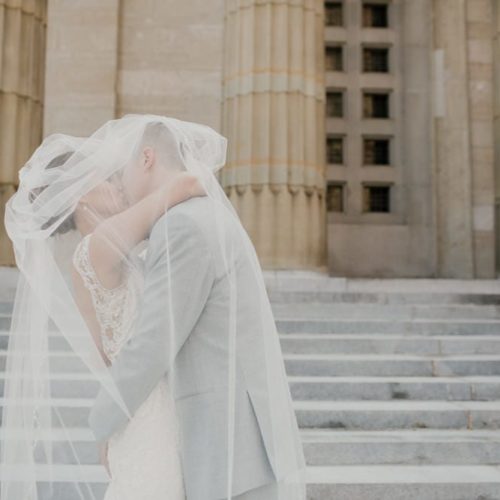 bride and groom kiss under veil by Dayton Ohio Photographer Kera Estep