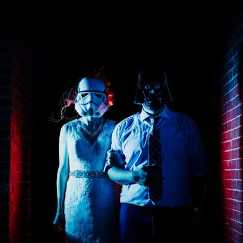 bride and groom wearing star wars masks by Michael Carr Ohio Wedding and Engagement Photographer