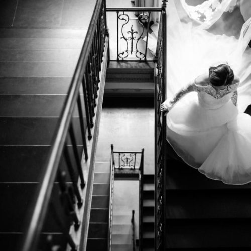 bride walking down the stairs by Michael Carr Ohio Wedding and Engagement Photographer
