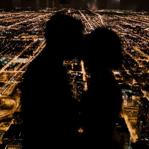 silhouette of bride and groom over city scape by Dayton Ohio Wedding Photographer Josh Ohms