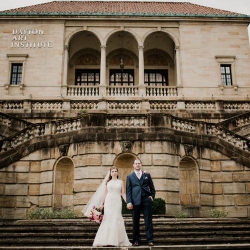 bride and groom in front of dayton art institute by Dayton Ohio Wedding Photographer Josh Ohms