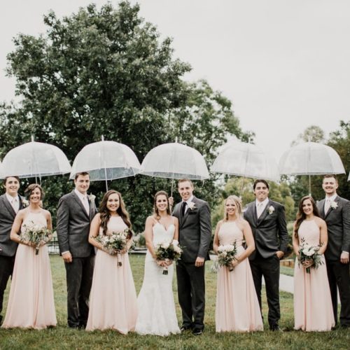 bride groom and bridal party standing under umbrellas by Dayton Ohio Wedding Photographer Josh Ohms