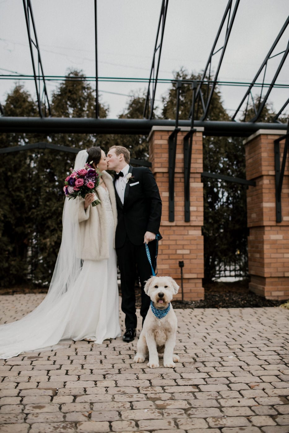 bride and groom kiss while holding dog on leash at black tie winter wedding