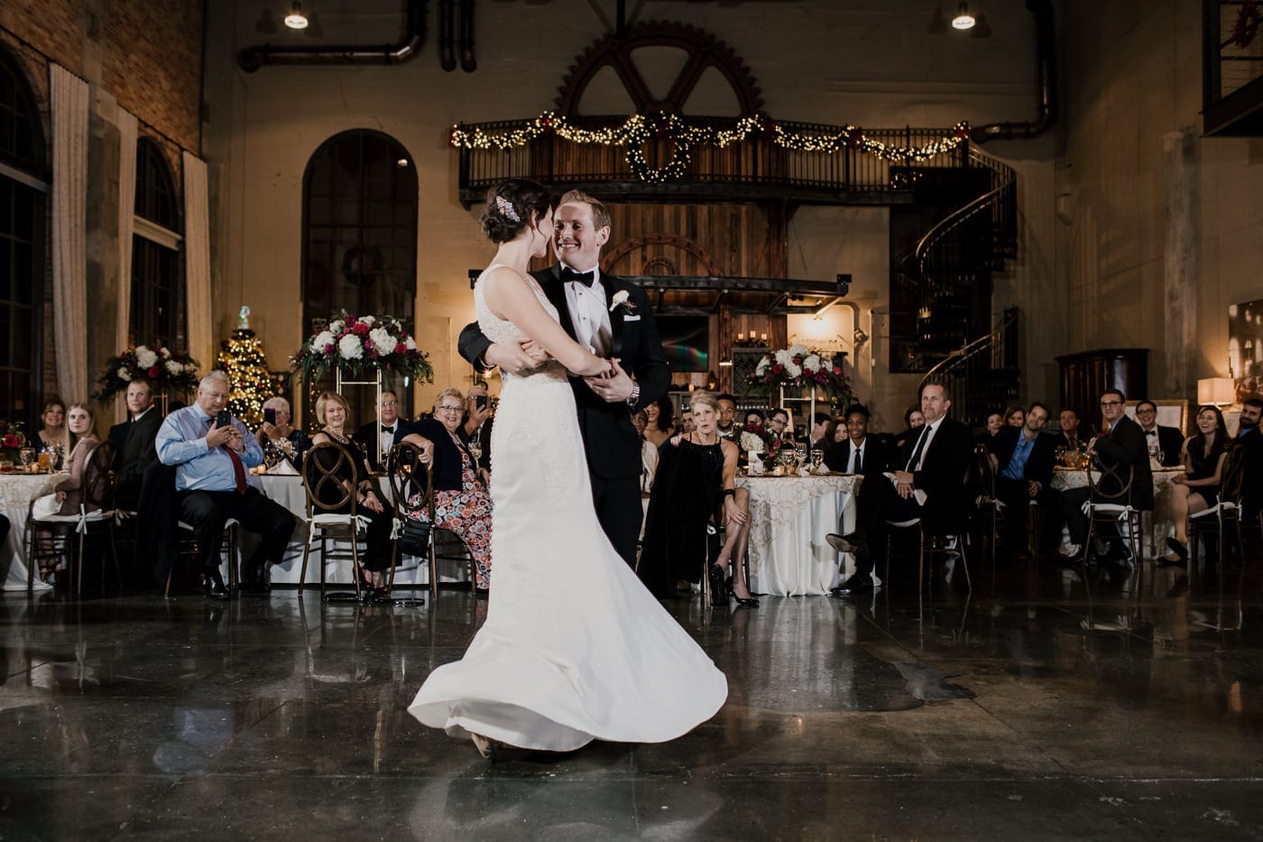 bride and groom first dance at black tie winter wedding