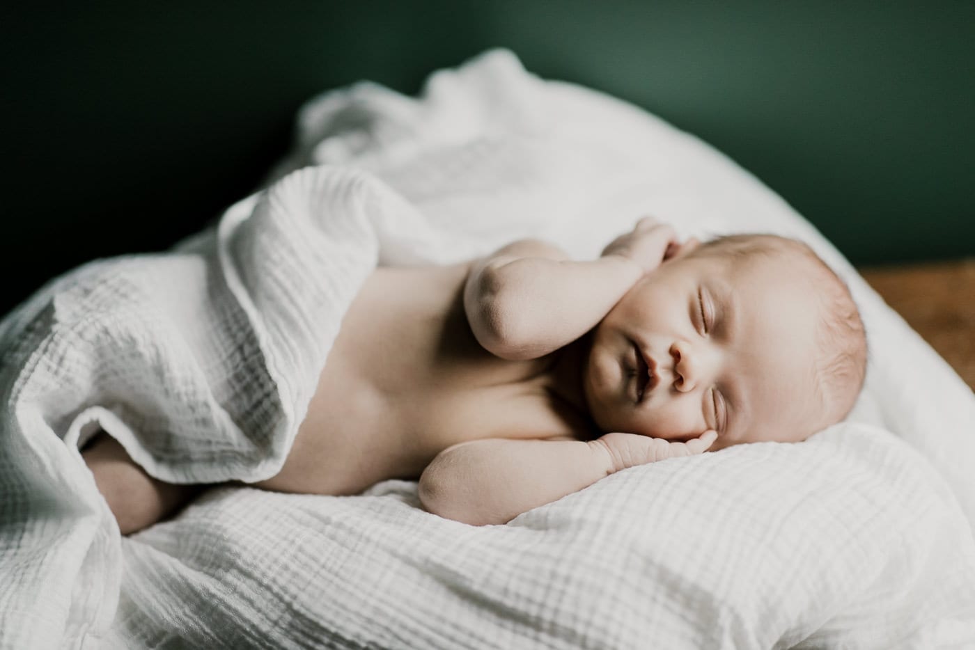 new born laying on white blanket sleeping - in-home newborn session