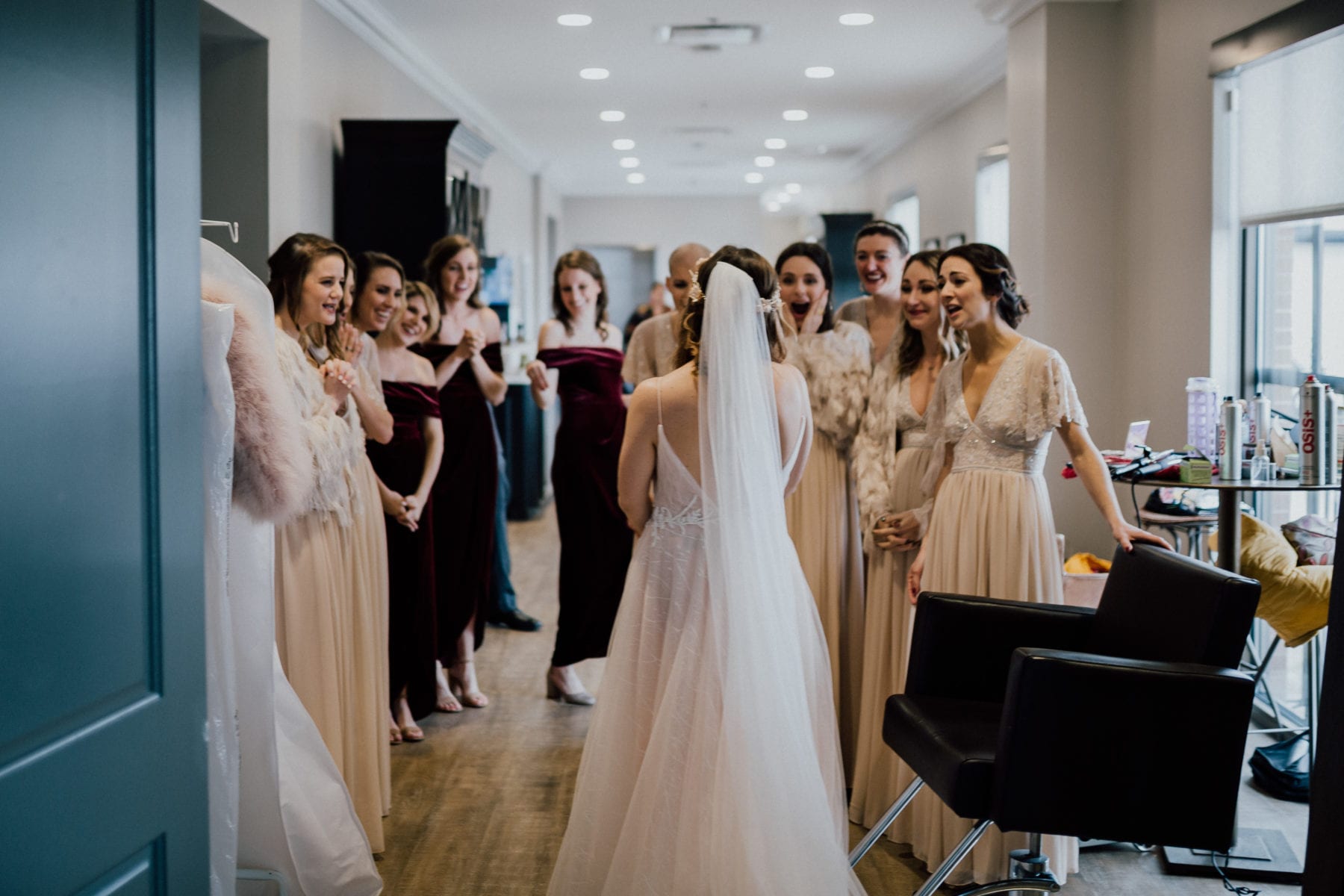Bride reveals her dress to her bridesmaids